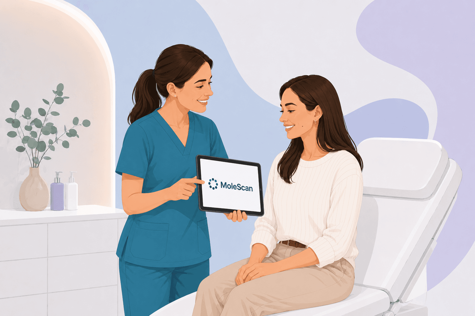 MoleScan clinic mole assessment pathway — step 3: Practitioner recommends MoleScan assessment before proceeding (illustration)