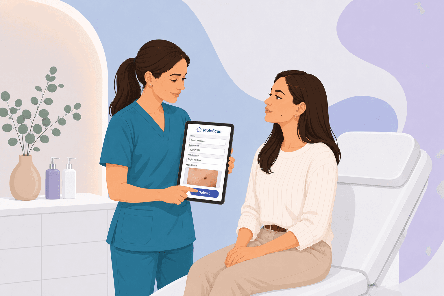 MoleScan clinic mole assessment pathway — step 5: Case submitted for MoleScan clinician review (illustration)