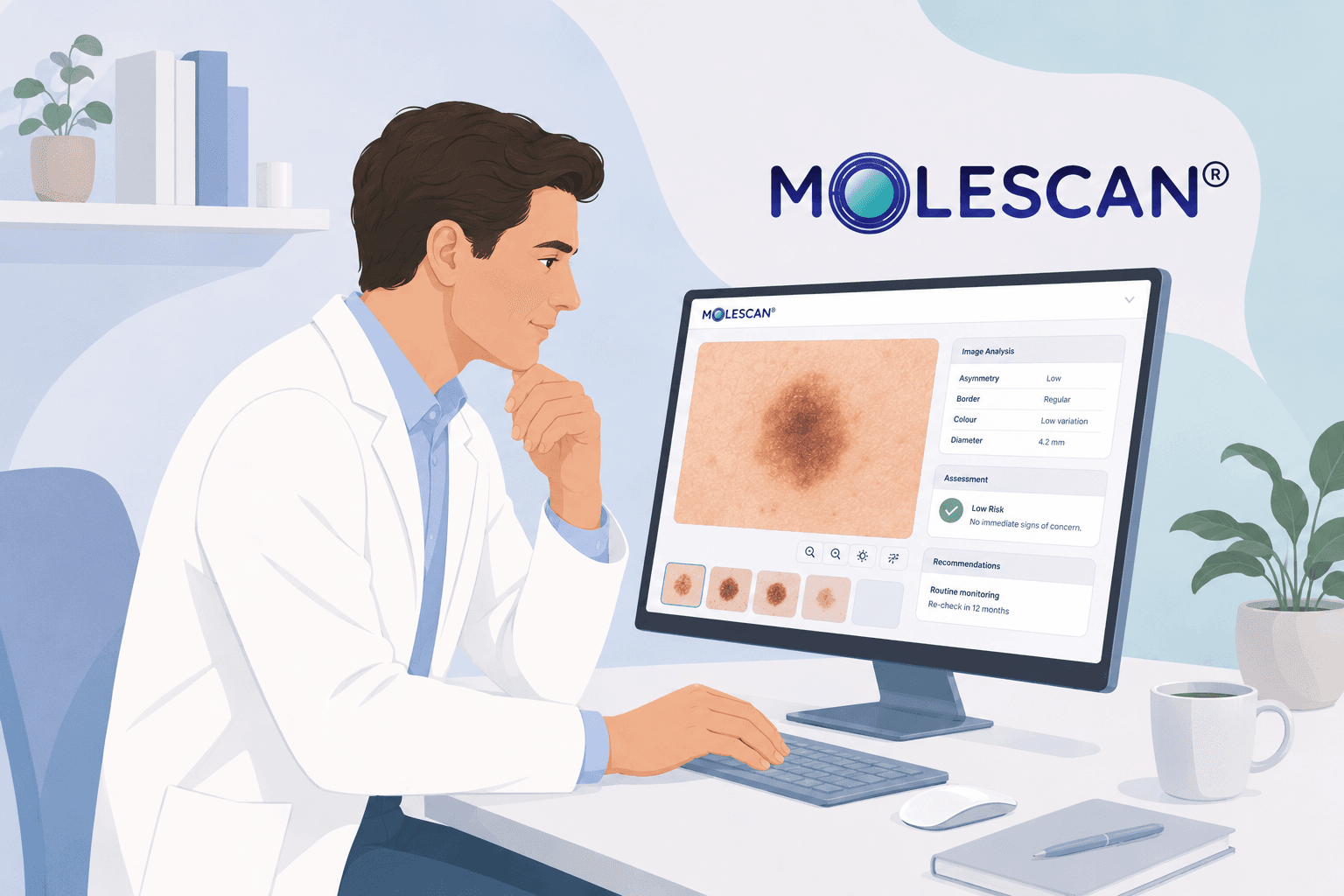 MoleScan clinic mole assessment pathway — step 6: Case reviewed by a UK dermatologist (illustration)