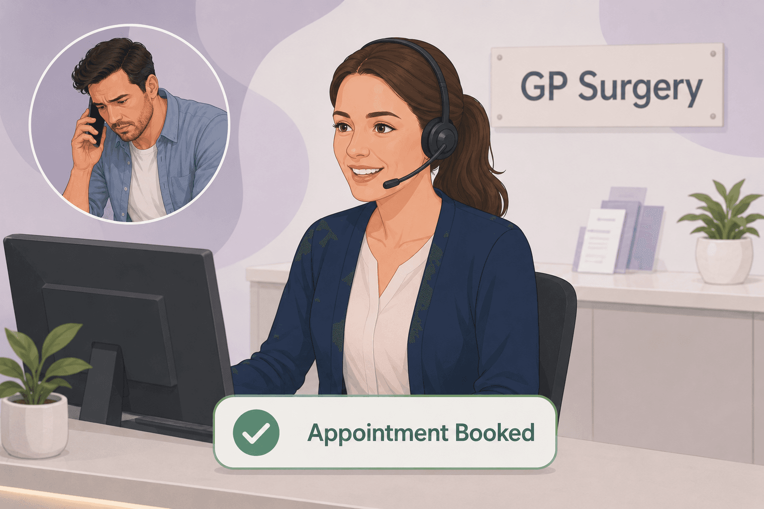 MoleScan NHS skin cancer pathway — step 2: Patient contacts GP surgery (illustration)