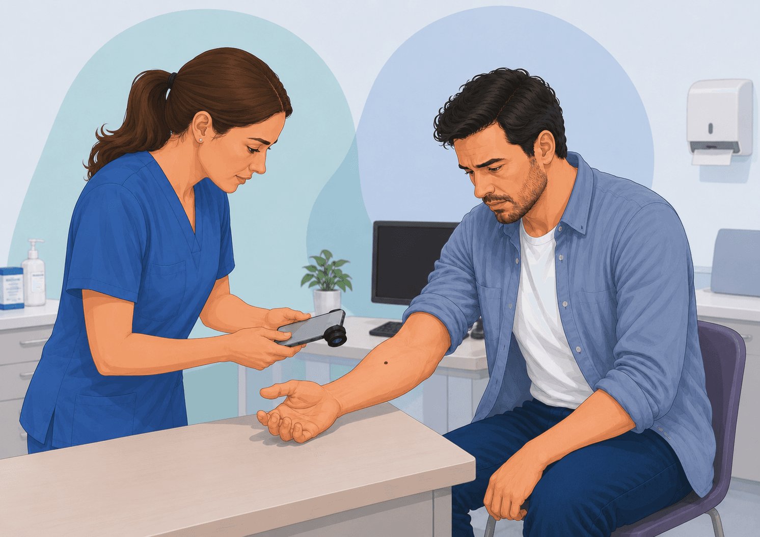 MoleScan NHS skin cancer pathway — step 4: Clinical data and dermoscopic images captured (illustration)