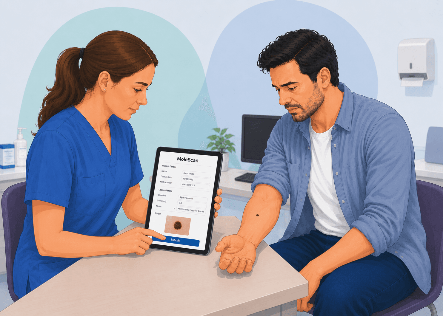 MoleScan NHS skin cancer pathway — step 5: Case submitted for MoleScan clinician review (illustration)
