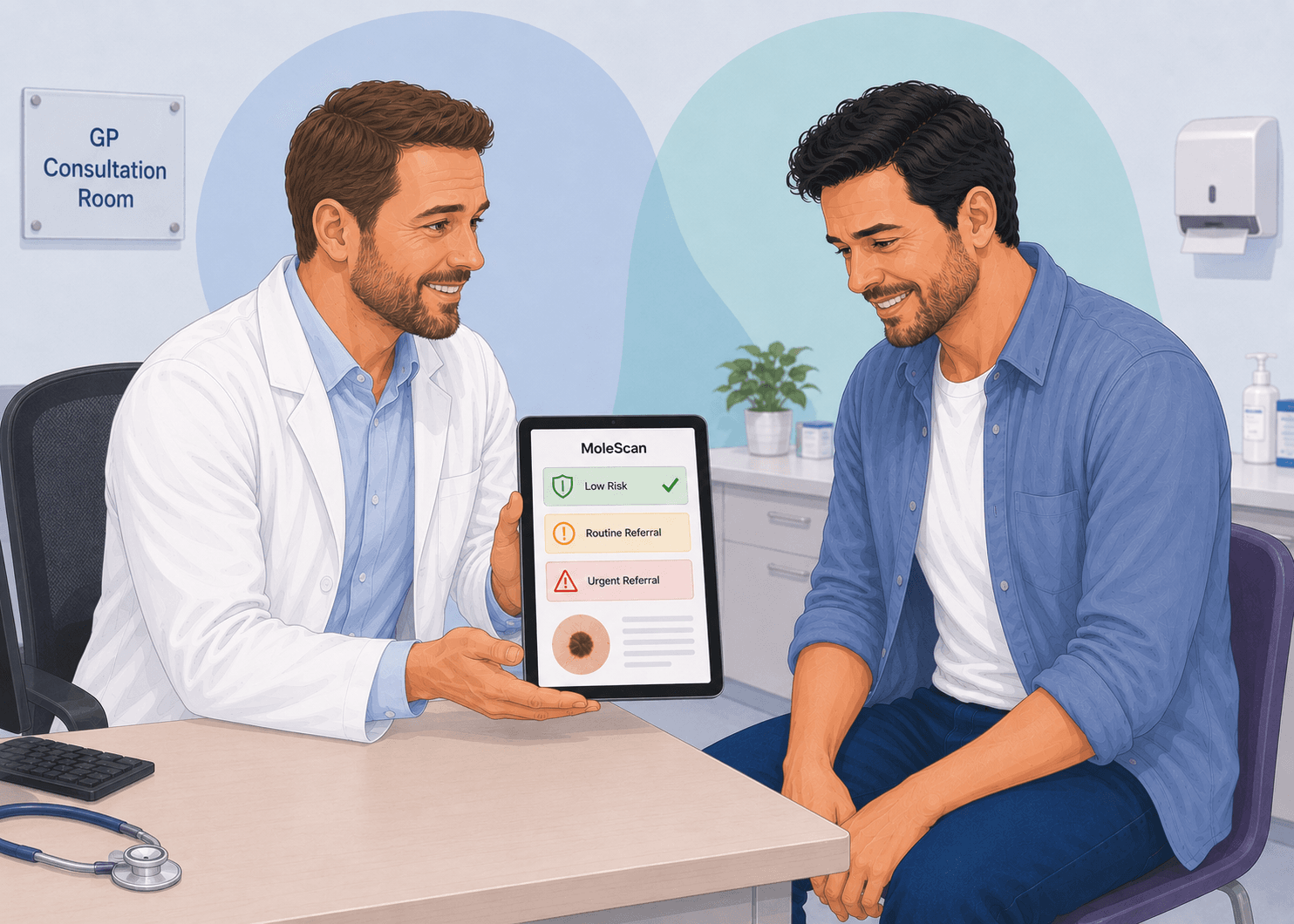 MoleScan NHS skin cancer pathway — step 7: Clear outcome guidance (RAG-rated) (RAG-rated outcome illustration)